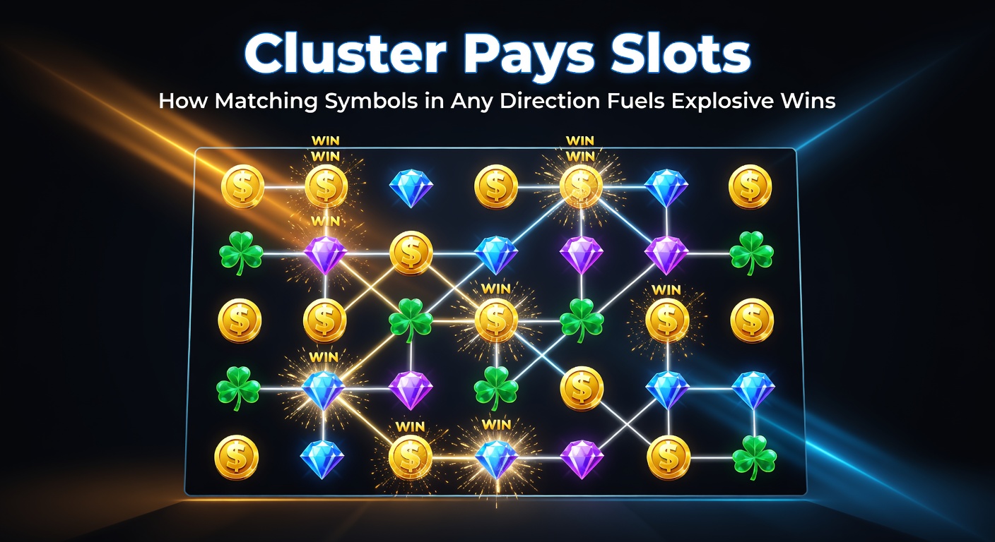 Vibrant cluster pays slot reels showing clusters of matching symbols exploding into big wins across the grid