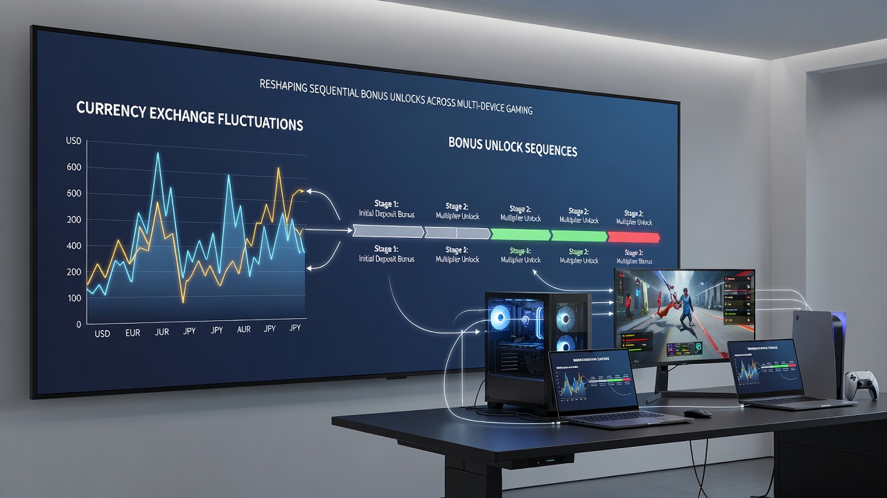 Mobile and desktop screens side by side displaying real-time bonus unlock progress with currency conversion indicators