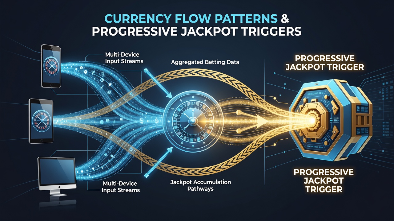 Chart illustrating progressive jackpot meter growth tied to currency conversion rates in roulette networks