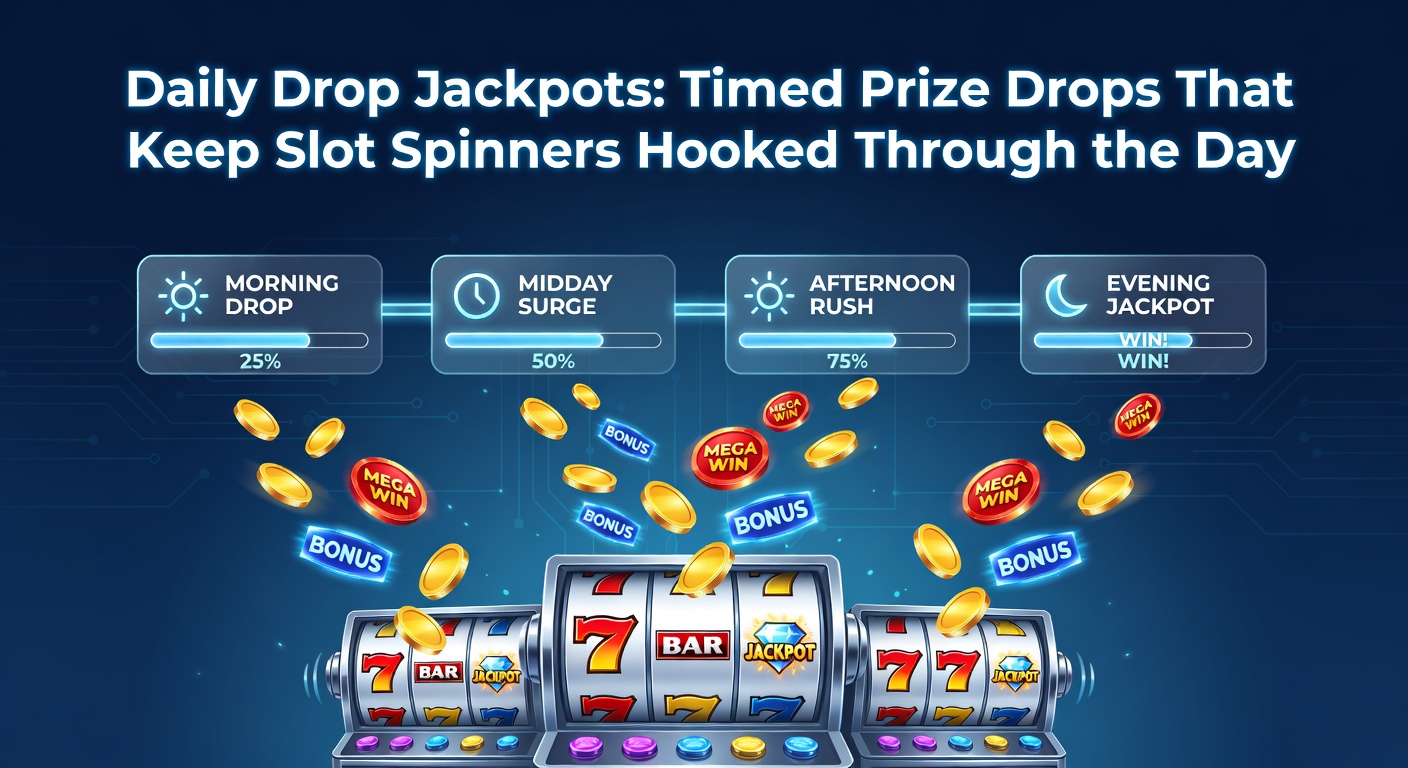 Vibrant slot machine screen displaying a daily drop jackpot countdown ticking down amid colorful reels and glowing prize notifications