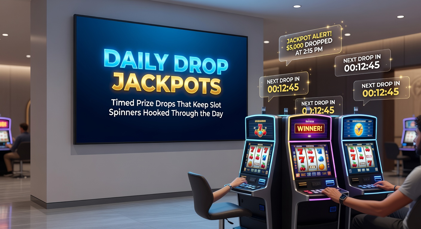 Casino dashboard showing multiple daily drop jackpot timers counting down on popular slot titles, with recent winner notifications popping up