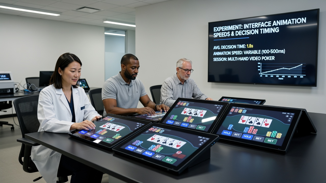 Player interacting with animated video poker hands on a tablet device during a multi-hand session