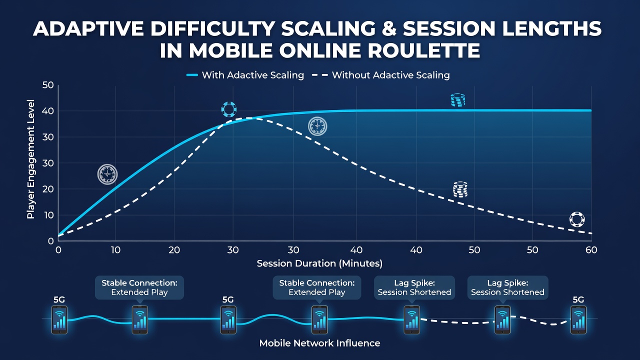 Graph displaying session length variations across different adaptive scaling levels in mobile roulette