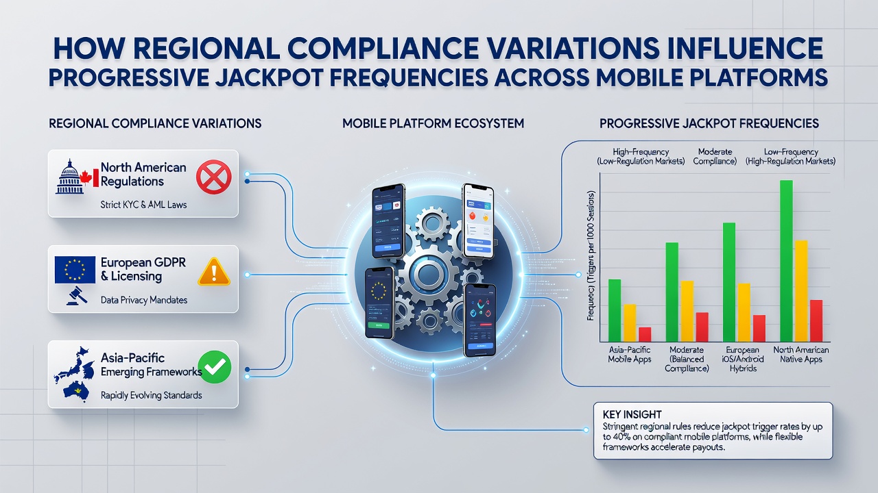 Geographic map overlay showing mobile device locations connected to different regulatory zones with jackpot frequency graphs