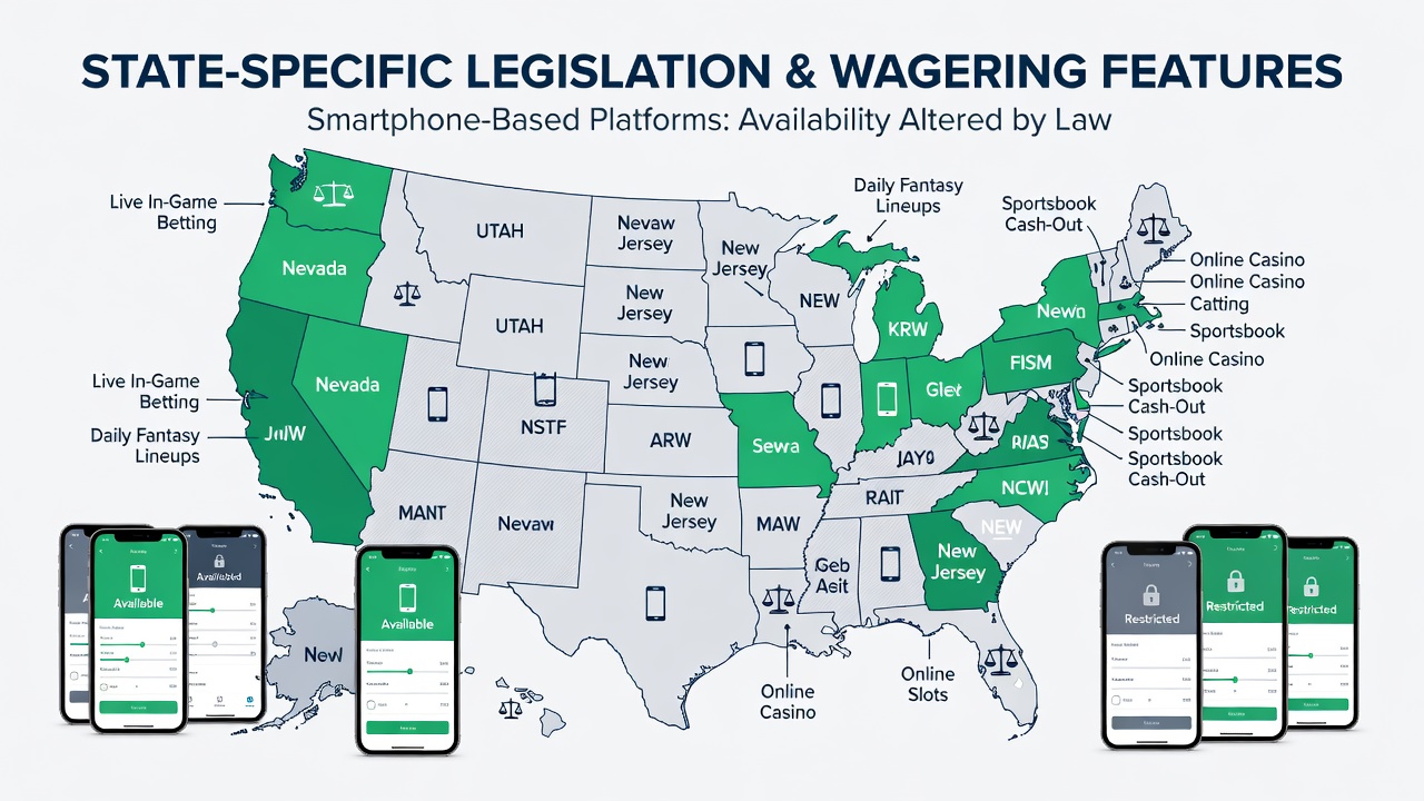 Smartphone displaying a mobile wagering app interface with state-specific feature indicators
