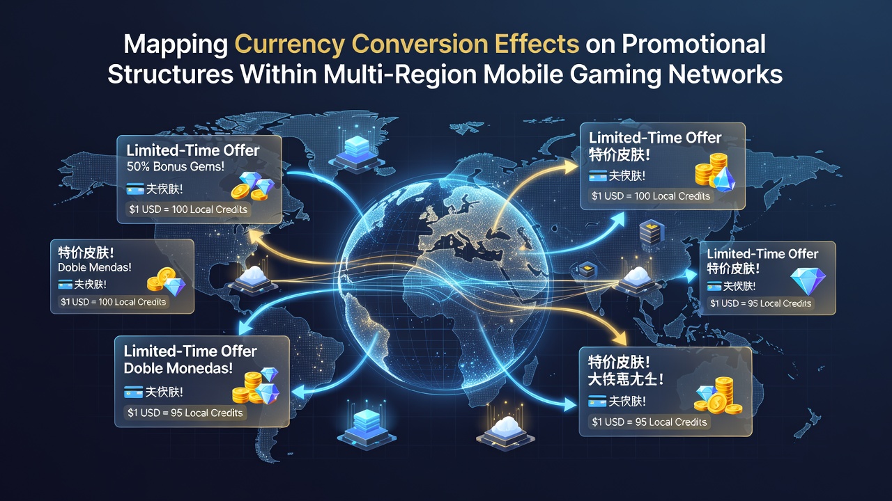 Infographic showing currency conversion flows across mobile gaming regions with promotional bonus adjustments highlighted