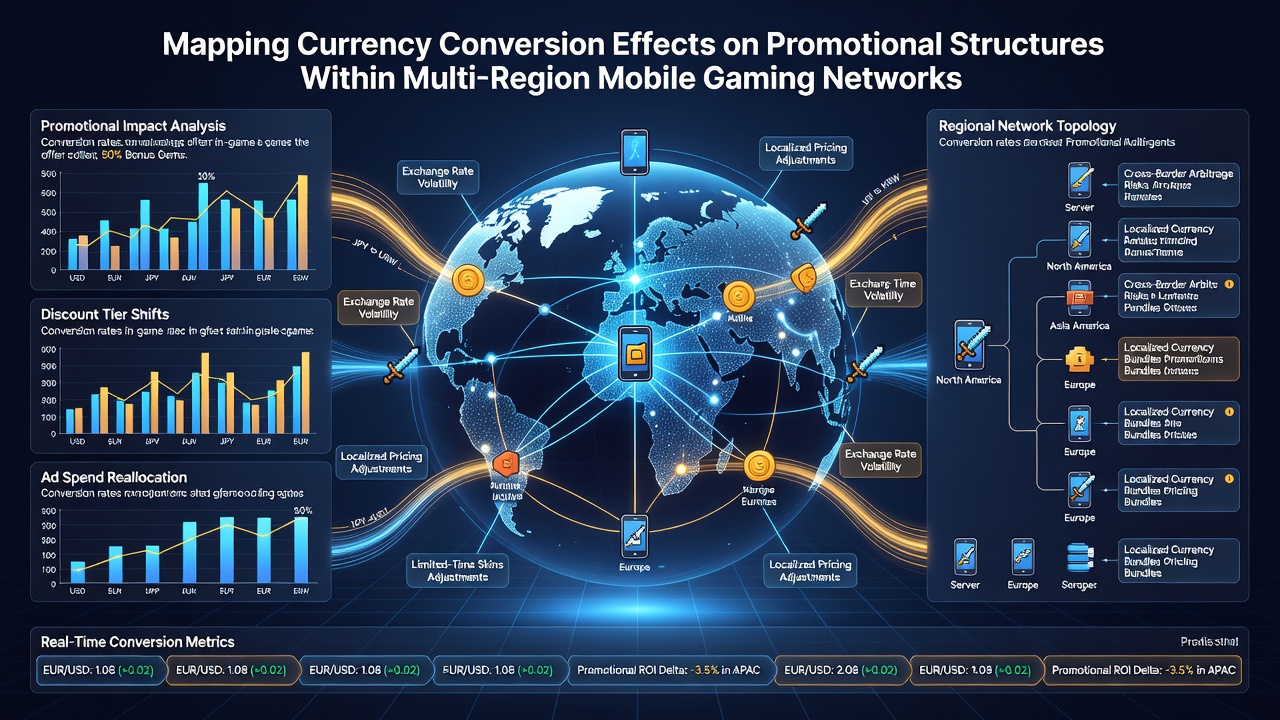 Screenshot of a mobile gaming dashboard displaying real-time currency conversion rates applied to active promotional campaigns across multiple regions