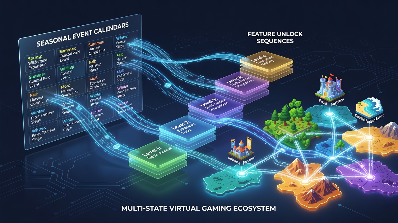 Seasonal event calendars displayed across multiple virtual gaming platforms showing feature unlock timelines