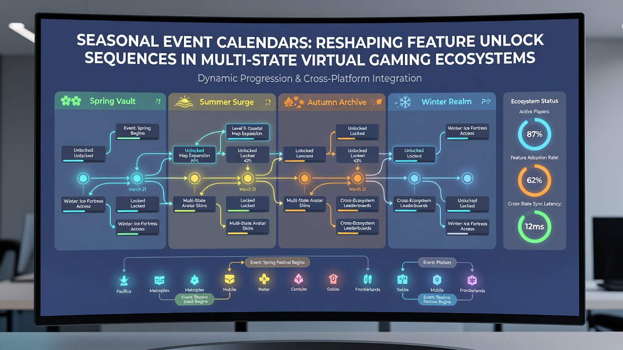 Technical dashboard showing feature unlock sequences synchronized with seasonal calendars across states