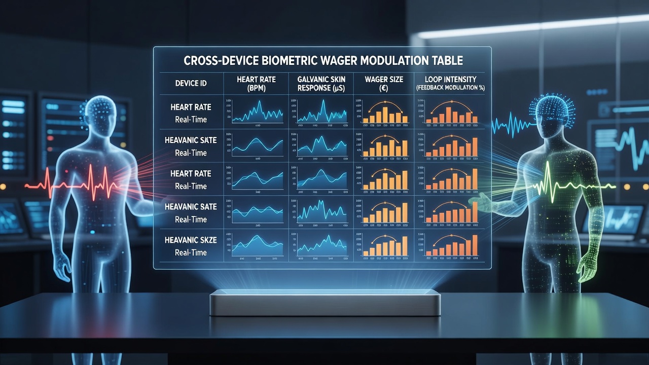 Network diagram illustrating wager size modulation across mobile and desktop table game connections with biometric data overlays